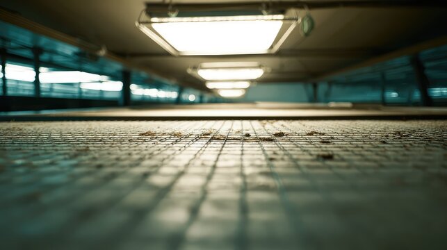 Industrial warehouse interior featuring a grid patterned floor, strong perspective, and illuminated ceiling lights, creating an atmosphere of industry and infrastructure