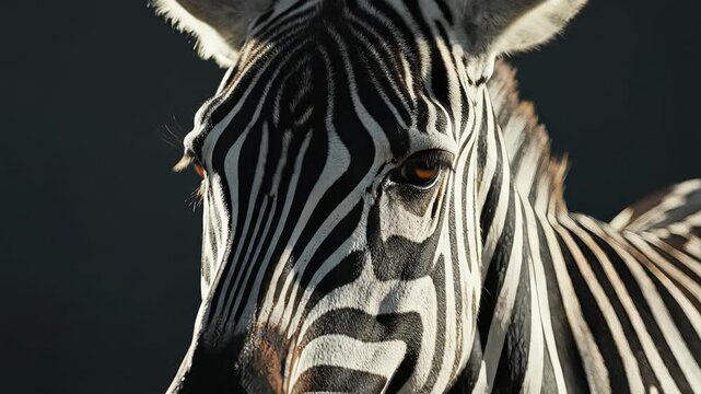 Zebra looking at camera in natural light with clear facial features. Black background enhances visual focus. Concept of wildlife, animal conservation, nature tourism