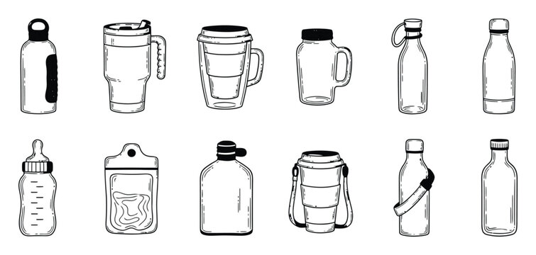 Hand drawn collection of diverse reusable drinkware including water bottles and travel mugs, perfect for illustrating sustainable lifestyle, zero waste concepts, and ecofriendly product