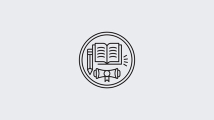 Fototapeta premium A simple black and white icon of an open book with a pencil and diploma on a light gray background