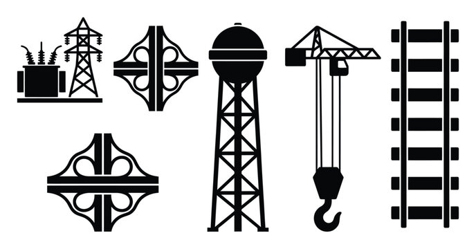Diverse collection of vital infrastructure icons power grid elements, highway interchanges, water tower, building crane, and railroad for engineering and urban development projects.