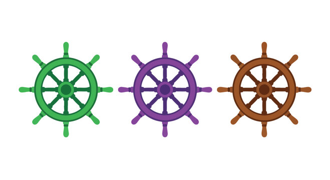 Three colorful ship helm steering wheels in green, purple, and brown on white background