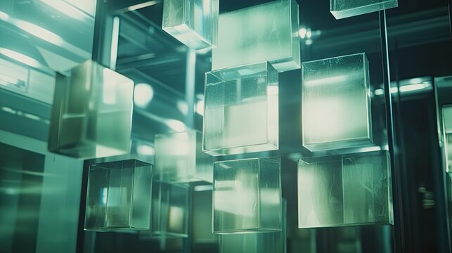 Transparent square and rectangular glass blocks reflecting light and shadows, forming an abstract grid with a technological and futuristic aesthetic, symbolizing data and connectivity