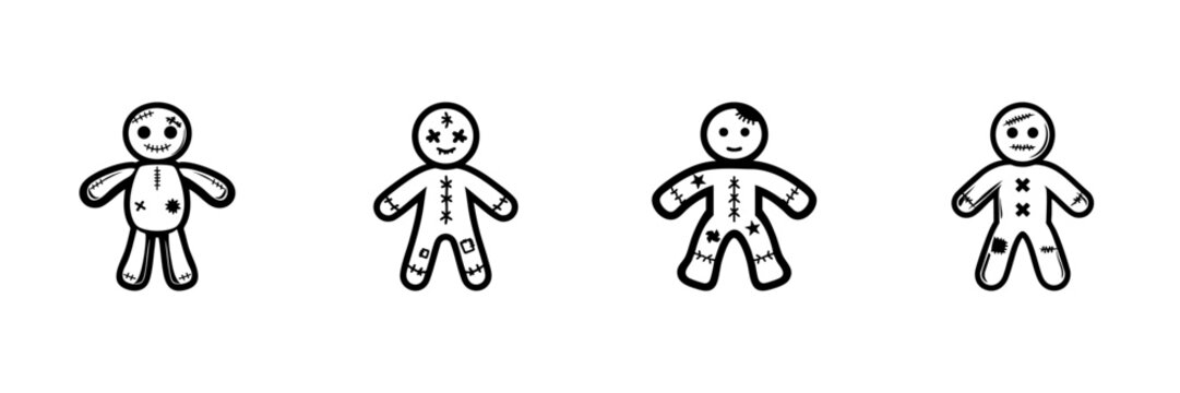 Voodoo Doll Icons In Hand Drawn Style Set. Mystical Symbolism, Magic Rituals, Supernatural Beliefs Doodle Sketch Collection. Halloween Theme. Isolated Vector Illustration