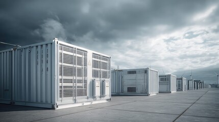 Fototapeta premium Large scale industrial battery storage system with rows of shipping containers and wind turbines on a cloudy day, representing sustainable power infrastructure