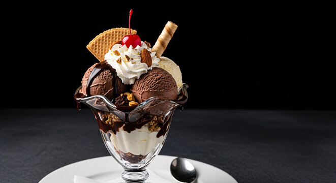 Chocolate ice cream sundae with whipped cream, wafer cookies, almonds, and cherry on a dark background