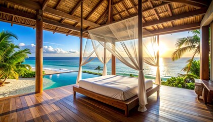Obraz premium Luxurious Tropical Beachfront Villa Bedroom with Four Poster Bed Mosquito Net Infinity Pool and Stunning Sunset Ocean View Travel Destination