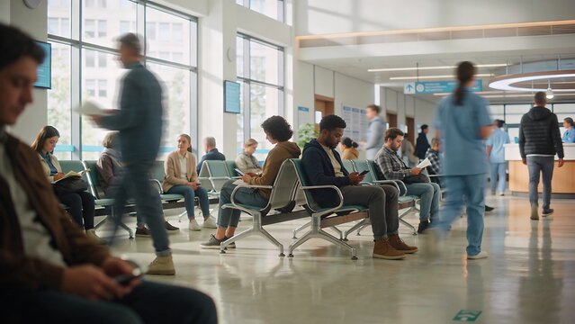 Generative Ai a busy hospital waiting area with diverse patients and staff