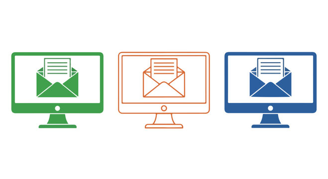 Three computer monitors displaying email icons in green, orange, and blue on white background