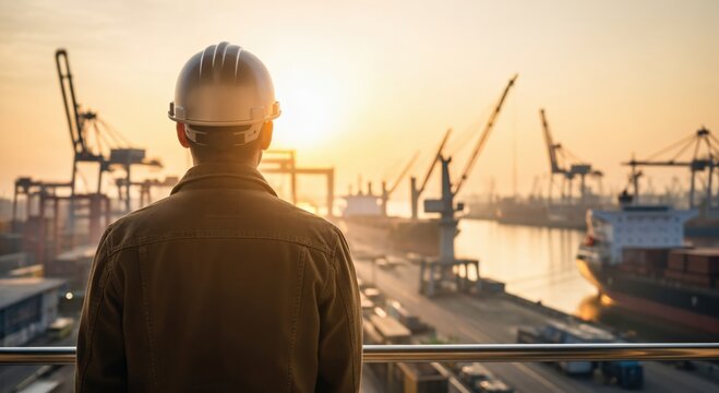 Male engineer in hard hat overseeing sustainable maritime logistics infrastructure at sunset port