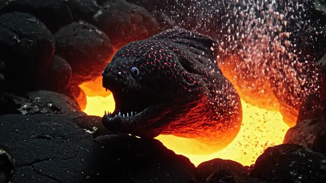 Moray Eel Emerging From Fiery Underwater Cave