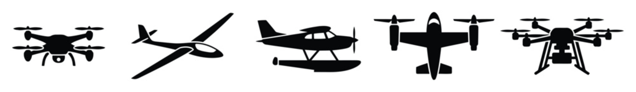 Collection of diverse flying vehicles including quadcopter drones gliders floatplanes and tiltrotor aircraft for aviation technology and aerial transportation projects