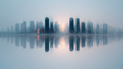 Obraz premium Abstract City Skyline Reflection at Sunrise – Modern Urban Architecture Background
