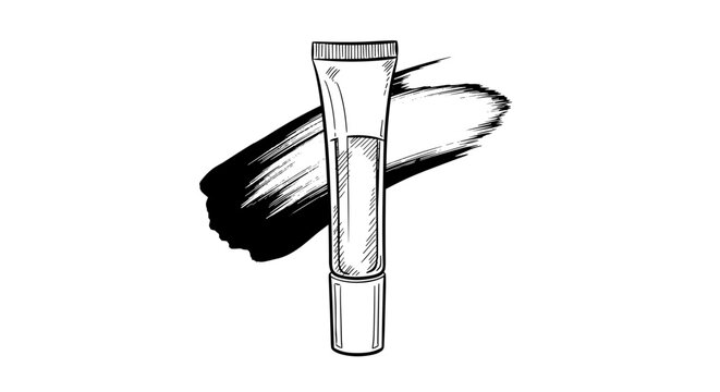 Illustration of a lip gloss tube with a bold black brushstroke background, emphasizing sleek design and beauty product aesthetics