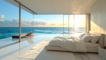 Fototapeta premium Modern luxury white bedroom interior with panoramic floor to ceiling windows overlooking the ocean during a golden sunset sky at the beach