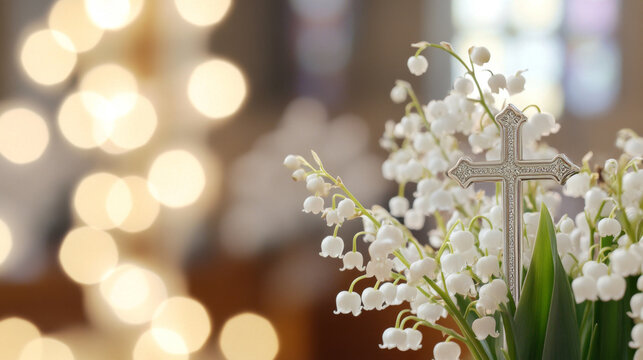 Chrismation symbol with silver cross and white lilies of the valley flowers in church background