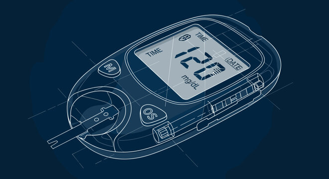 Detailed blueprint illustration of a diabetes blood sugar meter displaying a reading of 120 mgdL, set against a dark blue technical background