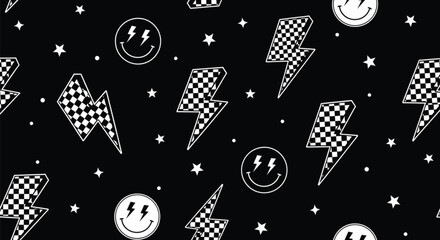Obraz premium Black and white seamless pattern with lightning bolts checker smiley faces stars edgy retro background