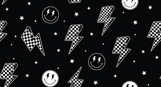 Black and white seamless pattern with lightning bolts checker smiley faces stars edgy retro background