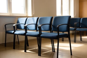 Fototapeta premium Generative Ai an empty waiting room with blue chairs and sunlight streaming through windows