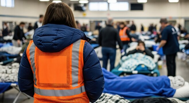 Female Volunteer in Safety Vest Monitoring Emergency Shelter for Displaced People