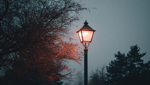 Vintage street lamp glows warmly, illuminating bare trees on a dark, foggy evening