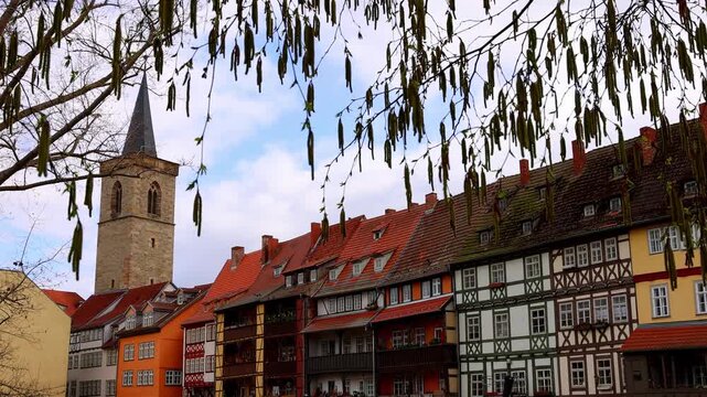 historic erfurt cityscape in germany in spring 4k video