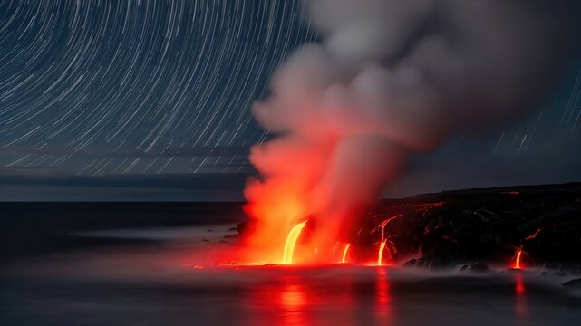 Long Exposure Lava Flow Entering Ocean Under Star Trails Night Sky