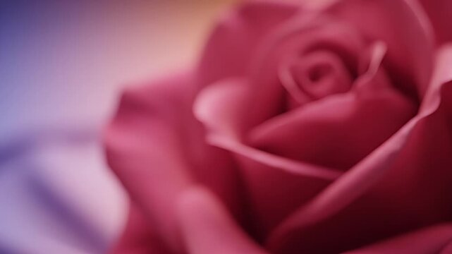 Close-up of a vibrant pink rose in soft focus, with a blurred background of purple and blue hues, creating a dreamy and romantic atmosphere.