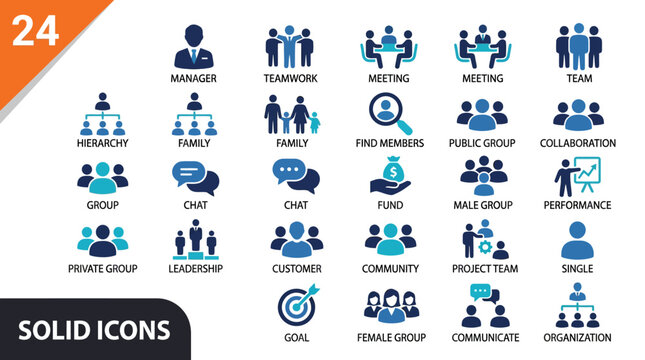 Set of solid icons illustrating a corporate team structure with managers, departments, and collaboration for business diagrams and organizational charts