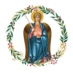 Fototapeta premium Archangel Uriel. Decorative vintage floral wreath, illustration in Byzantine style isolated
