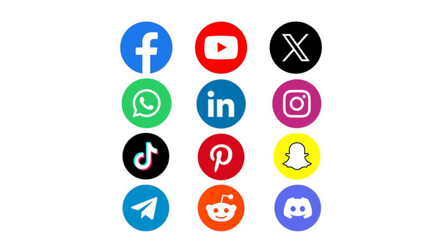 Colorful collection of popular social media app icons including Facebook, YouTube, X, WhatsApp, LinkedIn, Instagram, TikTok, Pinterest, Snapchat, Telegram, Reddit and Discord in round designs