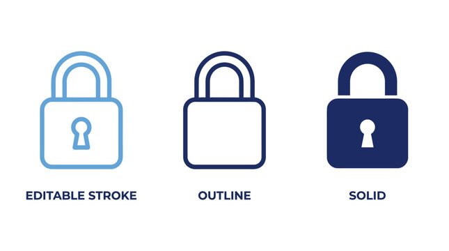 Set of three padlock icons in editable stroke, outline, and solid styles for UI security, privacy, and protection design.