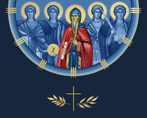 Fototapeta premium Saint Prochor Pecersky and four cardinal points (Archangel Gabriel, Uriel, Raphael and Michael). Illustration in Byzantine style isolated
