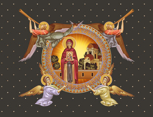 Fototapeta premium Saint Petka, Parascheva of the Balkans. Decorative vintage illustration with angels in Byzantine style