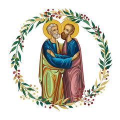 Fototapeta premium Saints Peter and Paul. Decorative vintage floral wreath, illustration in Byzantine style isolated