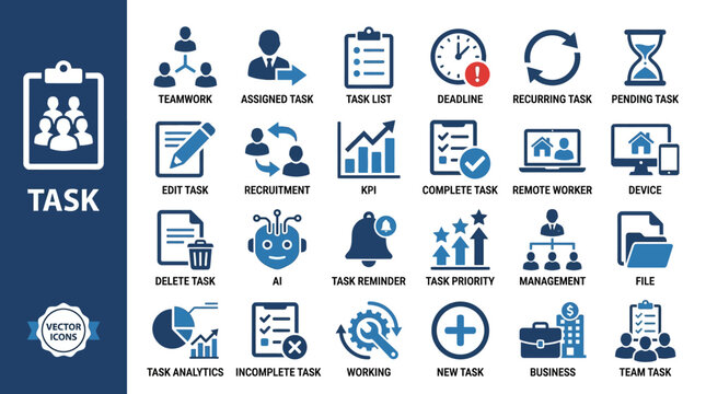 Comprehensive task and project management icon set for teamwork, planning, recruitment, and analytics - timelines, charts, workflows.