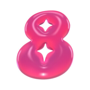 Glossy pink 3D jelly number 8, gummy marmalade numeral eight