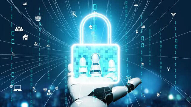 A futuristic robotic hand grips a glowing digital lock, representing a concept of cyber security and data protection in a technology-driven world filled with connections. Xenic