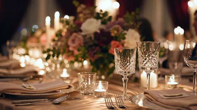 Elegant Candlelit Dinner Table Setting with Crystal Glasses and Floral Centerpiece