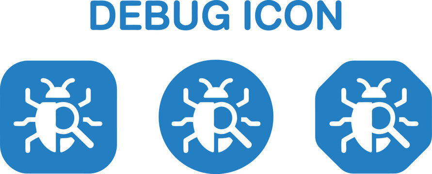 Blue Debug Icon Set with Bug and Magnifying Glass for Software Development and Testing