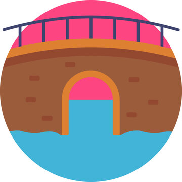 A minimal outline of a narrow waterway with two parallel lines, flanked by small houses or trees, representing a classic Dutch canal.