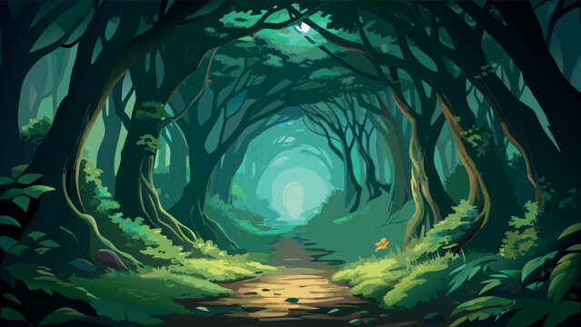 Enchanted forest path with mystical glowing light and lush green foliage digital illustration