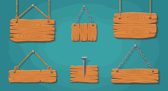 Collection of rustic wooden signs and planks hanging by ropes or chains and one fixed with a nail against a teal textured background.