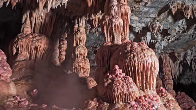 Cave formations stalactites and stalagmites in natural underground environment