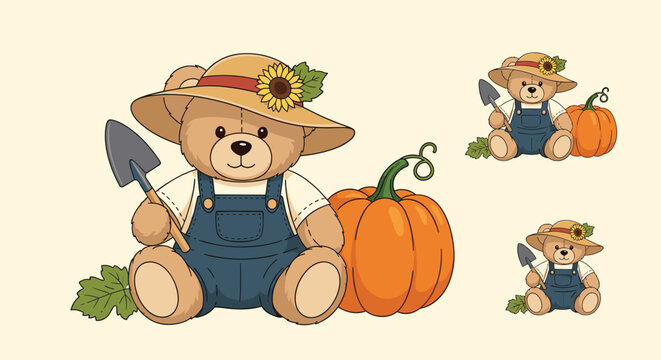 Adorable teddy bear wearing overalls and a sunflower hat holding a garden trowel next to a large orange pumpkin in three sizes.