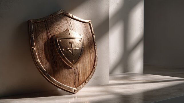 A wooden medieval shield with a small metal shield emblem, casting a shadow on a white surface in soft natural light.
