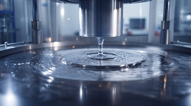 Viscosity measuring instrument in a modern test facility performing precise scientific analysis and material characterization, creating ripples in the liquid