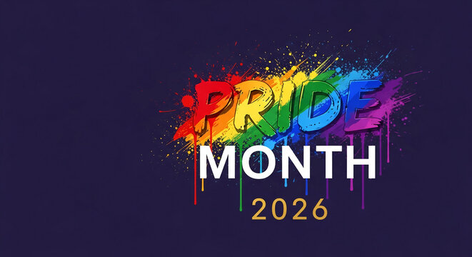 Colorful splash with painted word, "Pride". Image represents Pride month 2026. It's a symbol of diversity, inclusion, and celebration