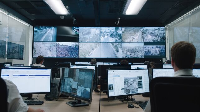 Security team monitors multiple cctv feeds and analytics dashboards on a large video wall and workstations in a modern control room, managing surveillance and cybersecurity operations